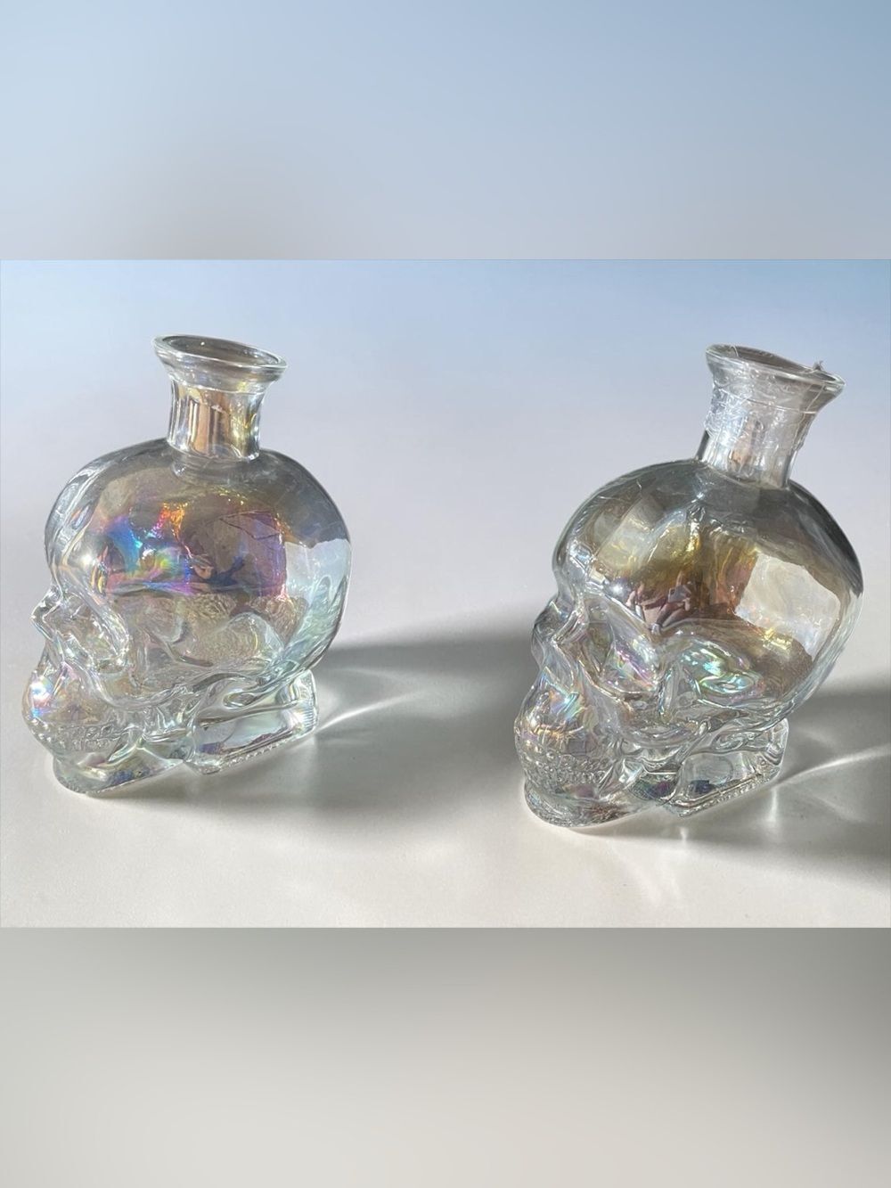 Glass Skull Shape Iridescent Decanter Whiskey Bottle Set